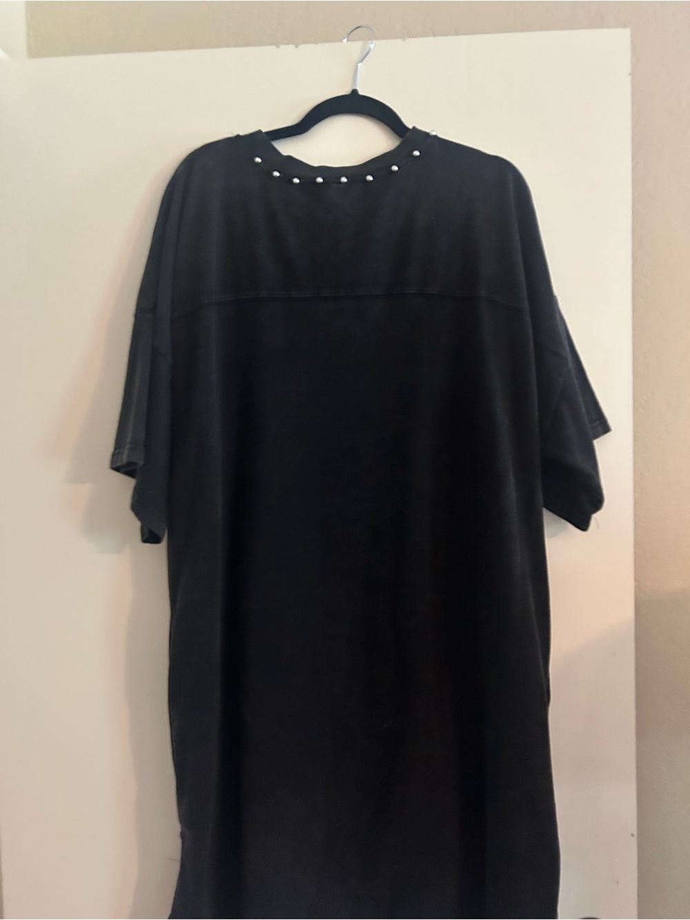 Black Oversized T-Shirt Dress with Studded Neckline